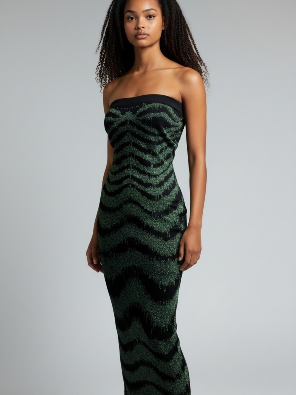 Hera Collection Strapless Black and Green Sequin Maxi Dress